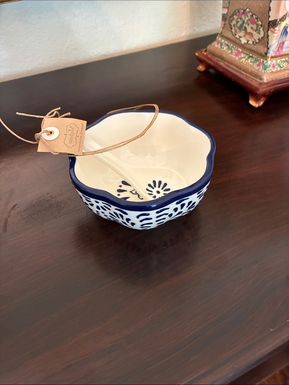 Mud Pie Blue and White Scalloped Ceramic Bowl with matching spoon